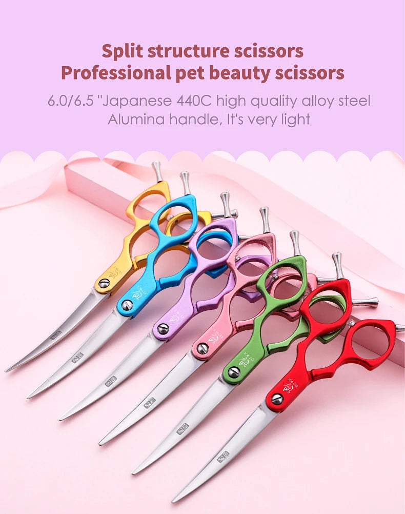 Fenice Professional JP440C&VG10 Colorful 6.0 6.5 Inch Curved Grooming Scissors Pet Scissor for Dogs Cats