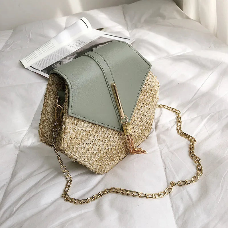 Hexagon Mulit Style Straw+leather Handbag Women Summer Rattan Bag Handmade Woven Beach Circle Bohemia Shoulder Bag
