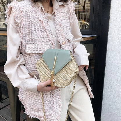 Hexagon Mulit Style Straw+leather Handbag Women Summer Rattan Bag Handmade Woven Beach Circle Bohemia Shoulder Bag