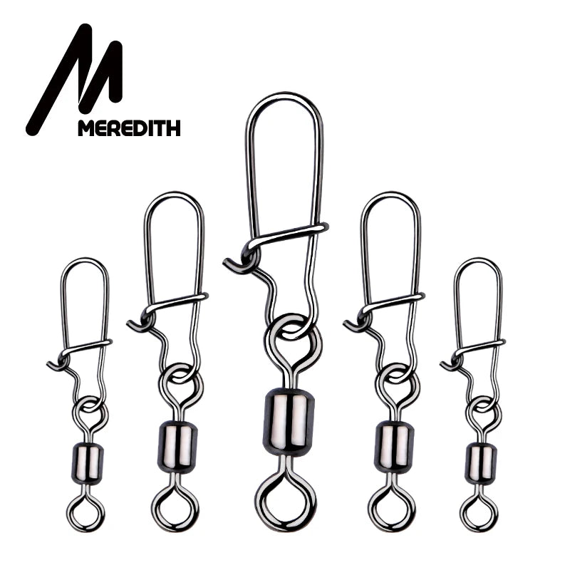 MEREDITH Fishing Connector 50PCS/Lot 2# 4# 6# 8# 10# Pin Bearing Rolling Swivel Stainless Steel With Snap Fishhook Lure Tackle