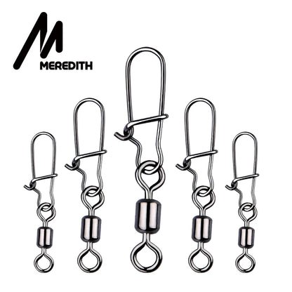 MEREDITH Fishing Connector 50PCS/Lot 2# 4# 6# 8# 10# Pin Bearing Rolling Swivel Stainless Steel With Snap Fishhook Lure Tackle