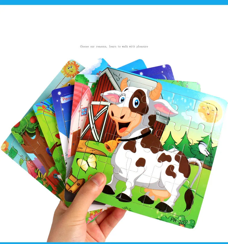 20piece Wooden Puzzle Cartoon Animals Car Letter Number Pattern Jigsaw Puzzles Game Kids Educational Learning Toys for Children
