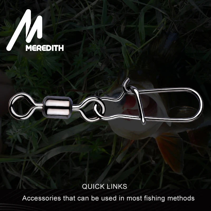 MEREDITH Fishing Connector 50PCS/Lot 2# 4# 6# 8# 10# Pin Bearing Rolling Swivel Stainless Steel With Snap Fishhook Lure Tackle