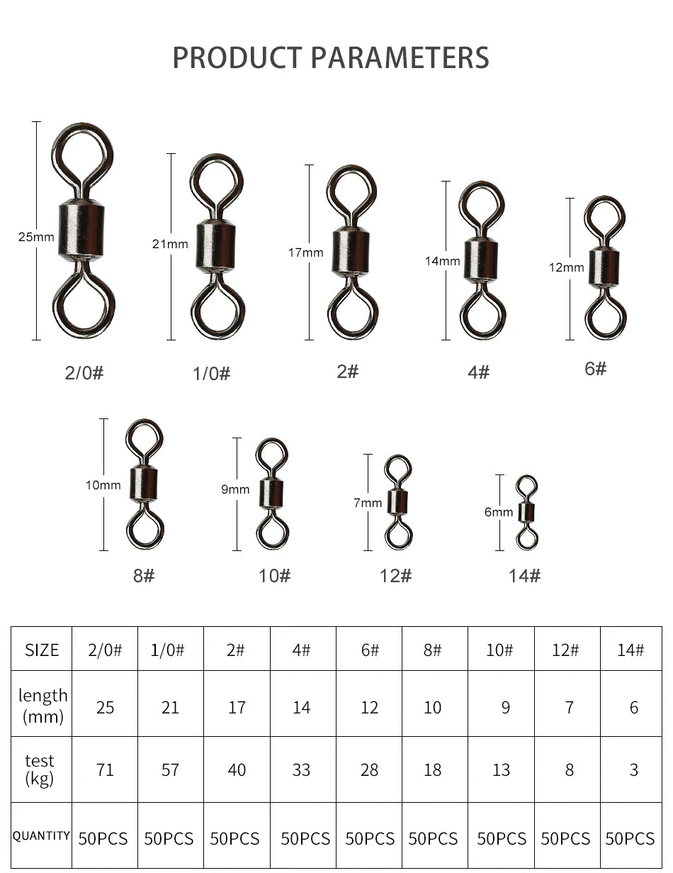 MEREDITH 50PCS/Lot Fishing Swivel Sizes Solid Connector Ball Bearing Snap Fishing Swivels Rolling Stainless Steel Beads