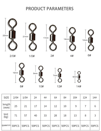 MEREDITH 50PCS/Lot Fishing Swivel Sizes Solid Connector Ball Bearing Snap Fishing Swivels Rolling Stainless Steel Beads