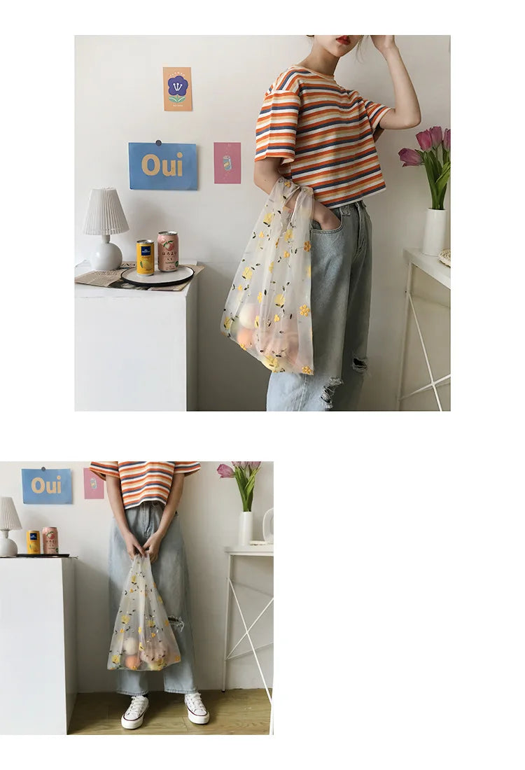 Women Transparent Tote Double Organza Yarn Cloth Bag Embroidery Flowers Handbag High Quality Eco Shopping Bag Purses For Girls