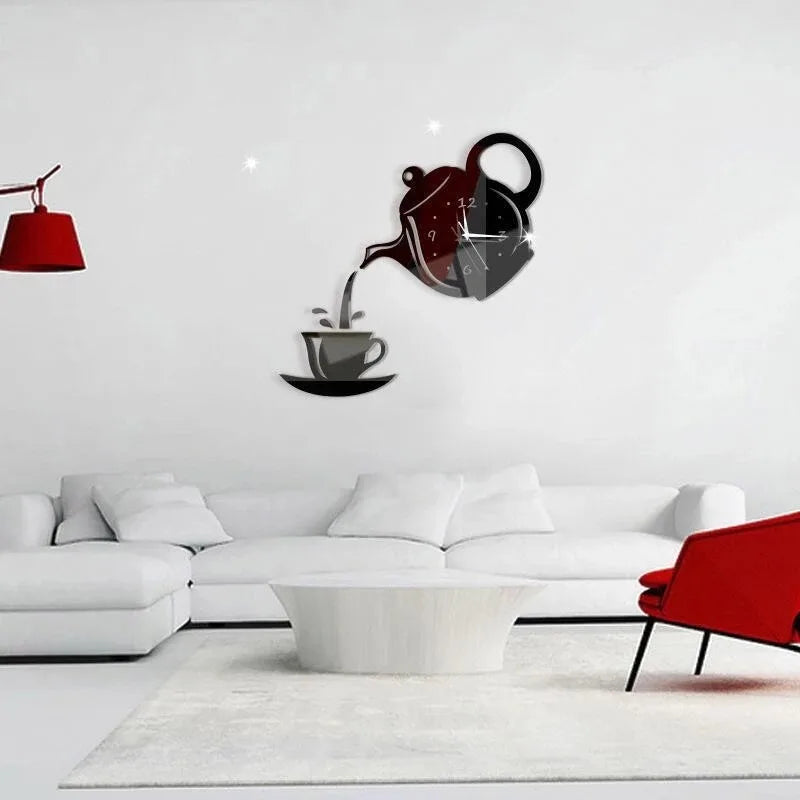 3D DIY Teapot Shape Wall Clock Acrylic Mirror Clock Modern Kitchen Home Decor Wall Sticker Hollow Digital Clock watch home clock