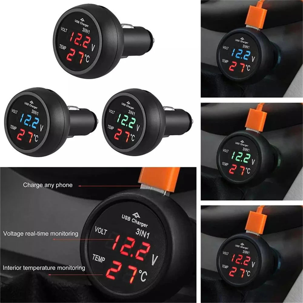 Universal 12V/24V Digital Meter Monitor 3 in 1 LED USB Car Charger Voltmeter Thermometer Car Battery Monitor LCD Dual Display