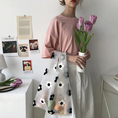 Women Transparent Tote Double Organza Yarn Cloth Bag Embroidery Flowers Handbag High Quality Eco Shopping Bag Purses For Girls