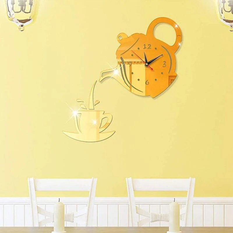 3D DIY Teapot Shape Wall Clock Acrylic Mirror Clock Modern Kitchen Home Decor Wall Sticker Hollow Digital Clock watch home clock