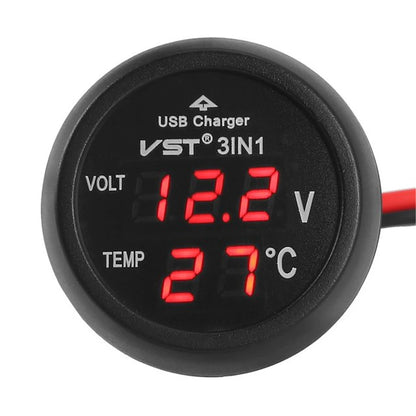 Universal 12V/24V Digital Meter Monitor 3 in 1 LED USB Car Charger Voltmeter Thermometer Car Battery Monitor LCD Dual Display