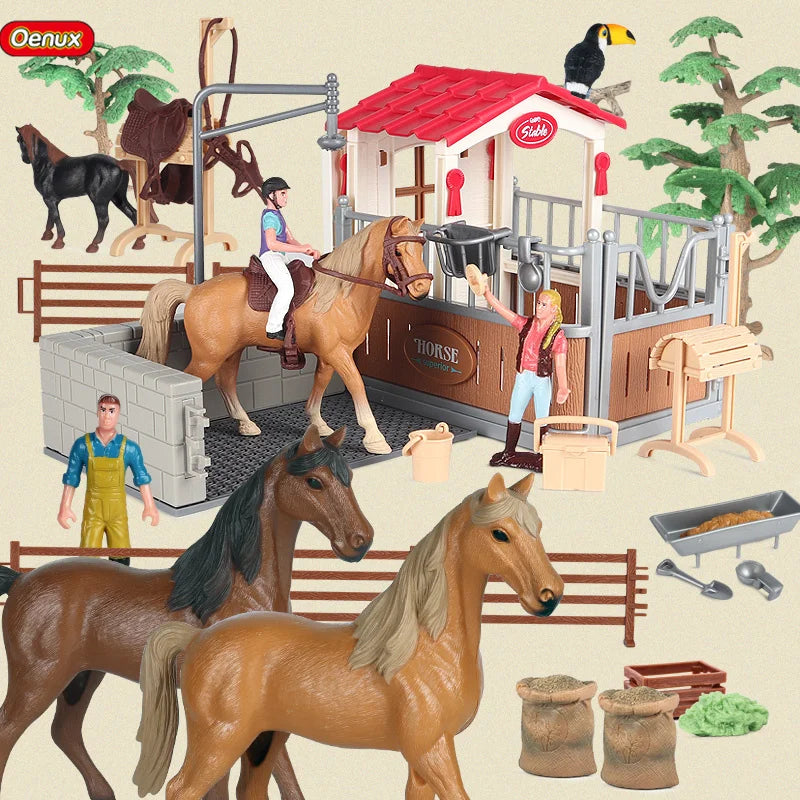 Oenux Farm Stable House Model Action Figures Emulational Horseman Horse Animals Playset Figurine Cute Educational Kids Toy Gift