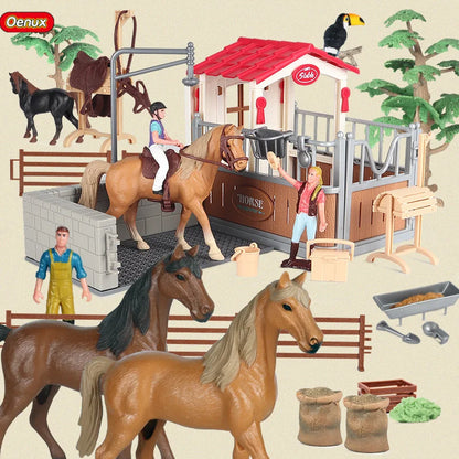 Oenux Farm Stable House Model Action Figures Emulational Horseman Horse Animals Playset Figurine Cute Educational Kids Toy Gift