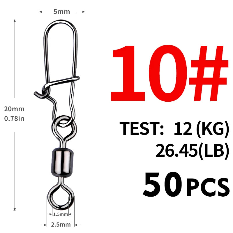 MEREDITH Fishing Connector 50PCS/Lot 2# 4# 6# 8# 10# Pin Bearing Rolling Swivel Stainless Steel With Snap Fishhook Lure Tackle