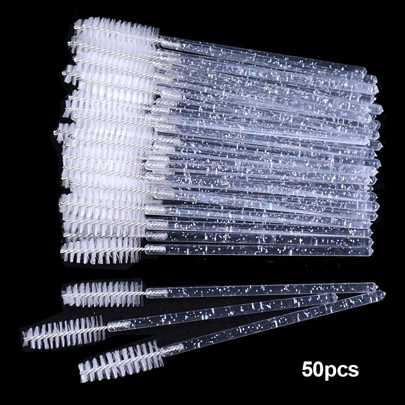 50Pcs Disposable Micro Glitter Eyelash Mascara Wands Mini Crystal Eye Lashes Brush Comb Eyebrow Spoolies Makeup Beauty Tools