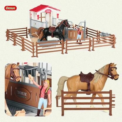 Oenux Farm Stable House Model Action Figures Emulational Horseman Horse Animals Playset Figurine Cute Educational Kids Toy Gift