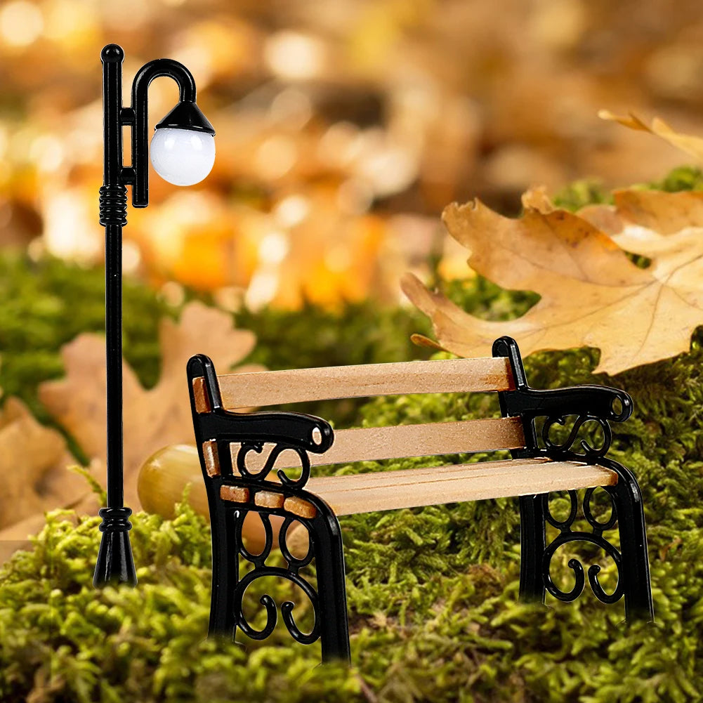 Wooden Park Bench & Street Lamp Micro Landscape Figurines Doll House Furniture Miniature Decor Toy DIY Craft Home Decoration