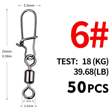 MEREDITH Fishing Connector 50PCS/Lot 2# 4# 6# 8# 10# Pin Bearing Rolling Swivel Stainless Steel With Snap Fishhook Lure Tackle