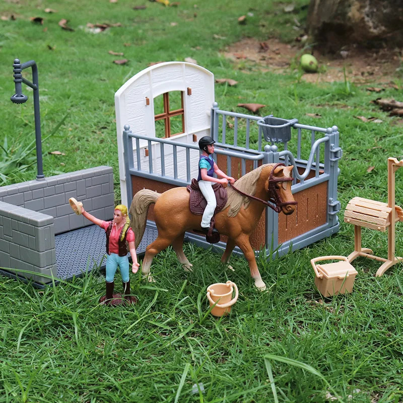 Oenux Farm Stable House Model Action Figures Emulational Horseman Horse Animals Playset Figurine Cute Educational Kids Toy Gift