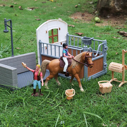 Oenux Farm Stable House Model Action Figures Emulational Horseman Horse Animals Playset Figurine Cute Educational Kids Toy Gift