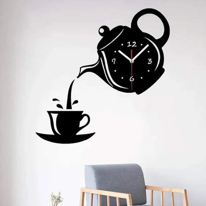 3D DIY Teapot Shape Wall Clock Acrylic Mirror Clock Modern Kitchen Home Decor Wall Sticker Hollow Digital Clock watch home clock