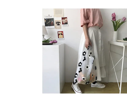 Women Transparent Tote Double Organza Yarn Cloth Bag Embroidery Flowers Handbag High Quality Eco Shopping Bag Purses For Girls