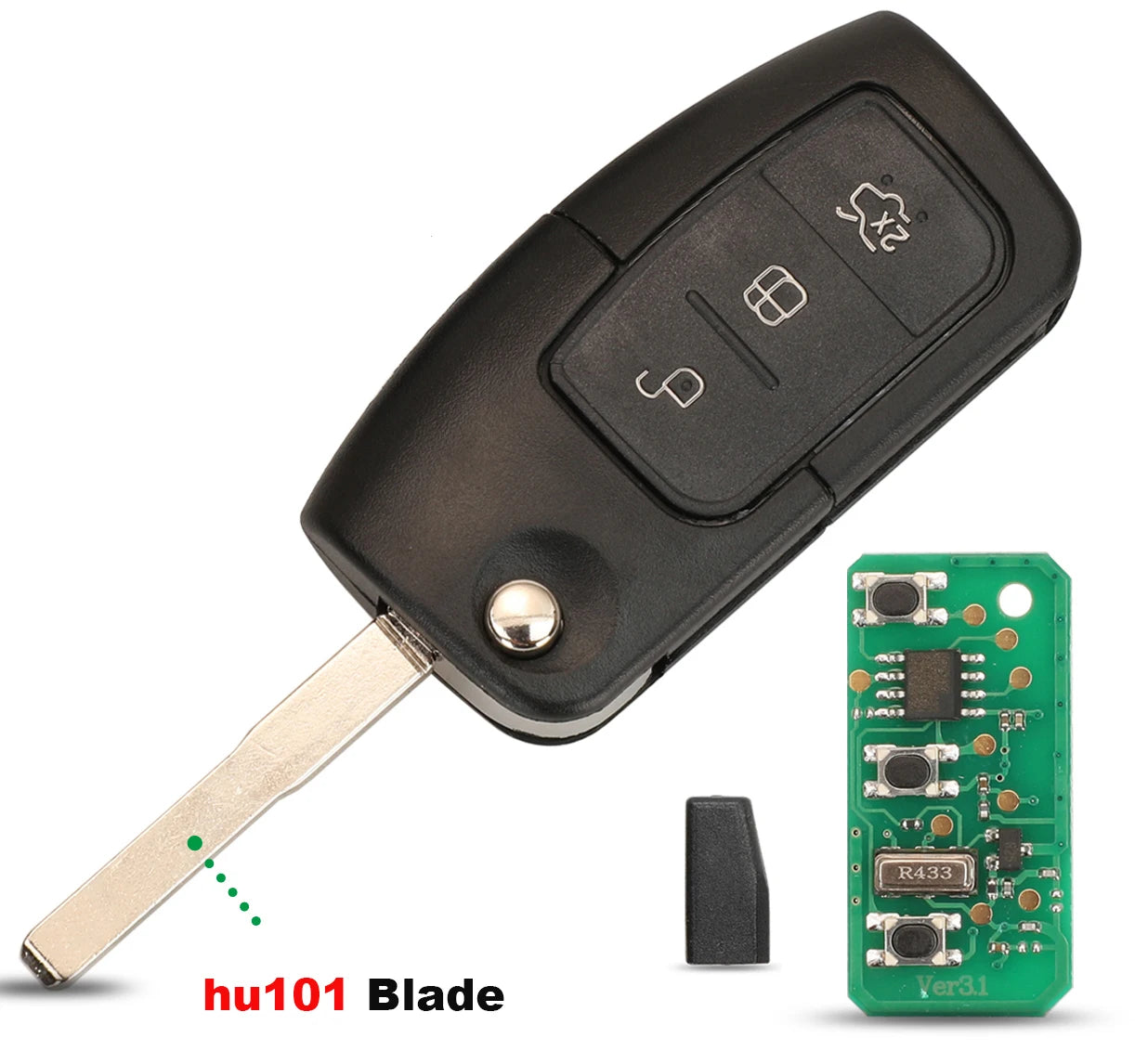 Jingyuqin Car Remote Key Fob ASK 433Mhz For Ford Fiesta Focus 2 Ecosport Kuga Escape C Max Ka Fob HU101 / FO21 3 Buttons