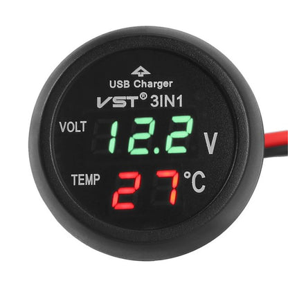 Universal 12V/24V Digital Meter Monitor 3 in 1 LED USB Car Charger Voltmeter Thermometer Car Battery Monitor LCD Dual Display