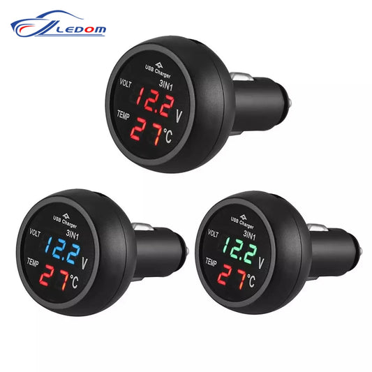 Universal 12V/24V Digital Meter Monitor 3 in 1 LED USB Car Charger Voltmeter Thermometer Car Battery Monitor LCD Dual Display