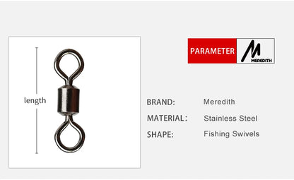MEREDITH 50PCS/Lot Fishing Swivel Sizes Solid Connector Ball Bearing Snap Fishing Swivels Rolling Stainless Steel Beads