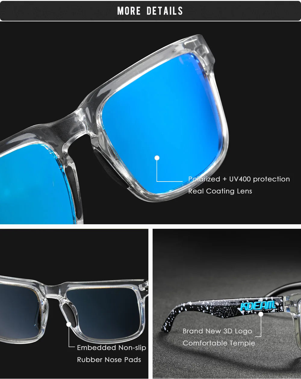 KDEAM Men's Polarized Sunglasses Square Casual Outdoors Sun Glasses Women Unisex Sunglass For Couple With Zipper Case