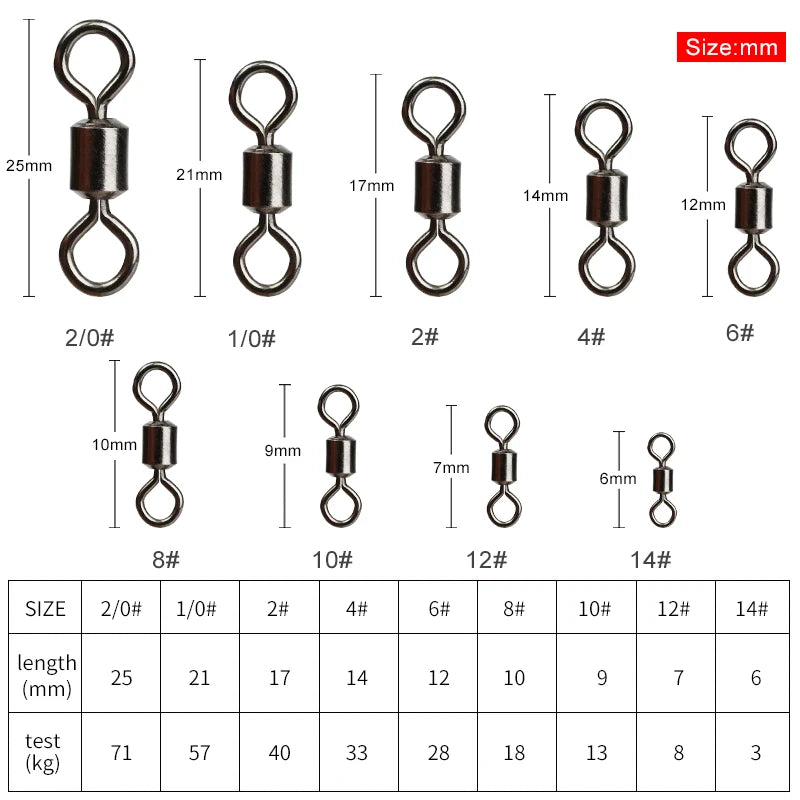 MEREDITH 50PCS/Lot Fishing Swivel Sizes Solid Connector Ball Bearing Snap Fishing Swivels Rolling Stainless Steel Beads