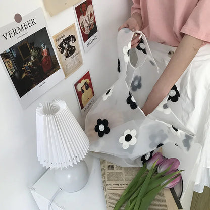 Women Transparent Tote Double Organza Yarn Cloth Bag Embroidery Flowers Handbag High Quality Eco Shopping Bag Purses For Girls