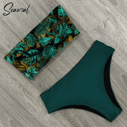 2025 New Sexy Low Hight Bikini Set Swimwear Women Bandeau Female Print Floral Strappy Swimsuit Bathing Suit Beach Wear Biquini