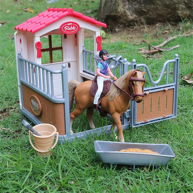 Oenux Farm Stable House Model Action Figures Emulational Horseman Horse Animals Playset Figurine Cute Educational Kids Toy Gift