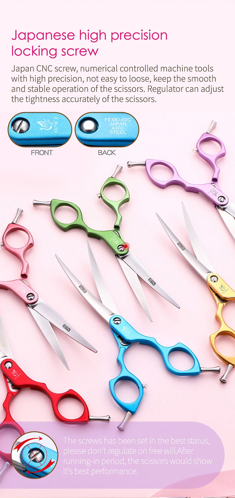 Fenice Professional JP440C&VG10 Colorful 6.0 6.5 Inch Curved Grooming Scissors Pet Scissor for Dogs Cats