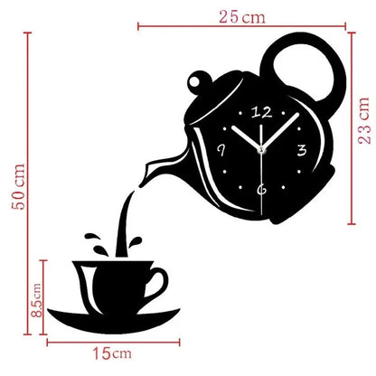 3D DIY Teapot Shape Wall Clock Acrylic Mirror Clock Modern Kitchen Home Decor Wall Sticker Hollow Digital Clock watch home clock