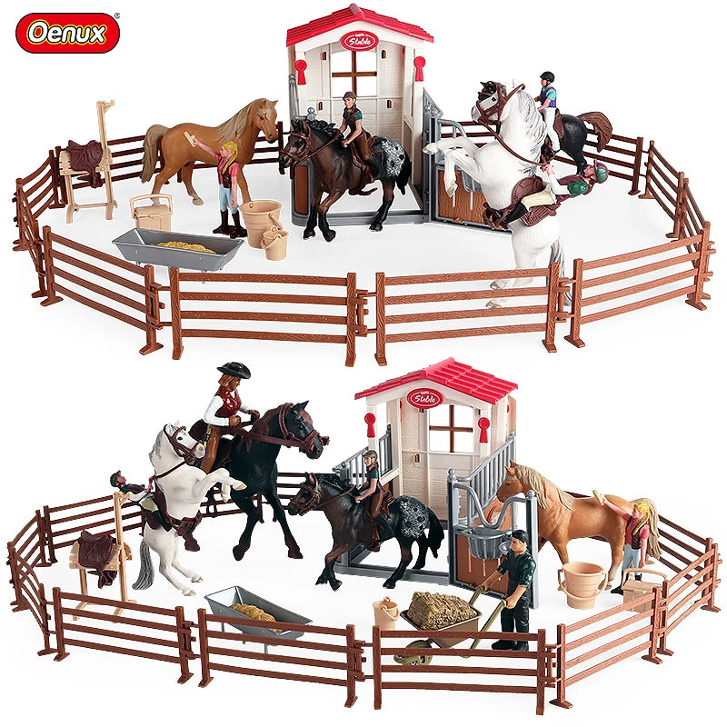 Oenux Farm Stable House Model Action Figures Emulational Horseman Horse Animals Playset Figurine Cute Educational Kids Toy Gift