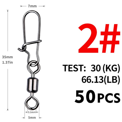 MEREDITH Fishing Connector 50PCS/Lot 2# 4# 6# 8# 10# Pin Bearing Rolling Swivel Stainless Steel With Snap Fishhook Lure Tackle