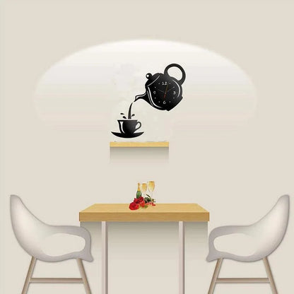 3D DIY Teapot Shape Wall Clock Acrylic Mirror Clock Modern Kitchen Home Decor Wall Sticker Hollow Digital Clock watch home clock