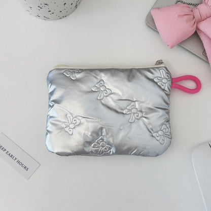 Silver Lingge Bow Pattern Coin Purses Small Canvas Coin Wallet Lady Girls Earphone Coin Key Money Storage Bag Zipper Pouch
