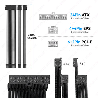 JEYI PSU Extension Cable Kit-24Pin ATX + 8Pin EPS + 6+2Pin PCIe,18AWG Sleeved with Combs,Fit Universal Case Compatibility