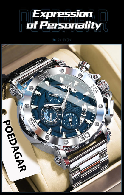 POEDAGAR Luxury Men's Watch Calendar Luminous Waterproof Man Clock Chronograph Stainless Steel Quartz Watches For Men Reloj Gift
