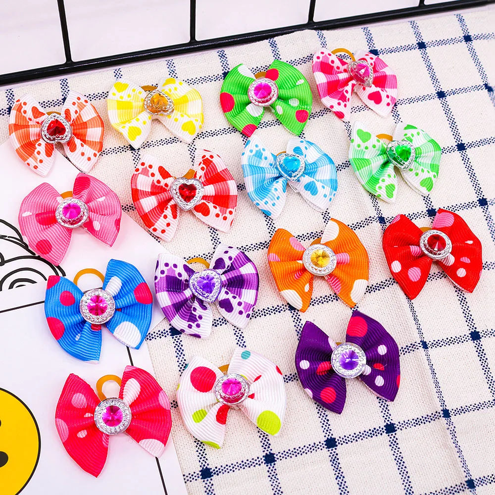 20pcs Dog Hair Bows Dog Bows with Diamond Colorful Grooming Rubber Band for Small Dog Pet Girls Grooming Hair Accessories