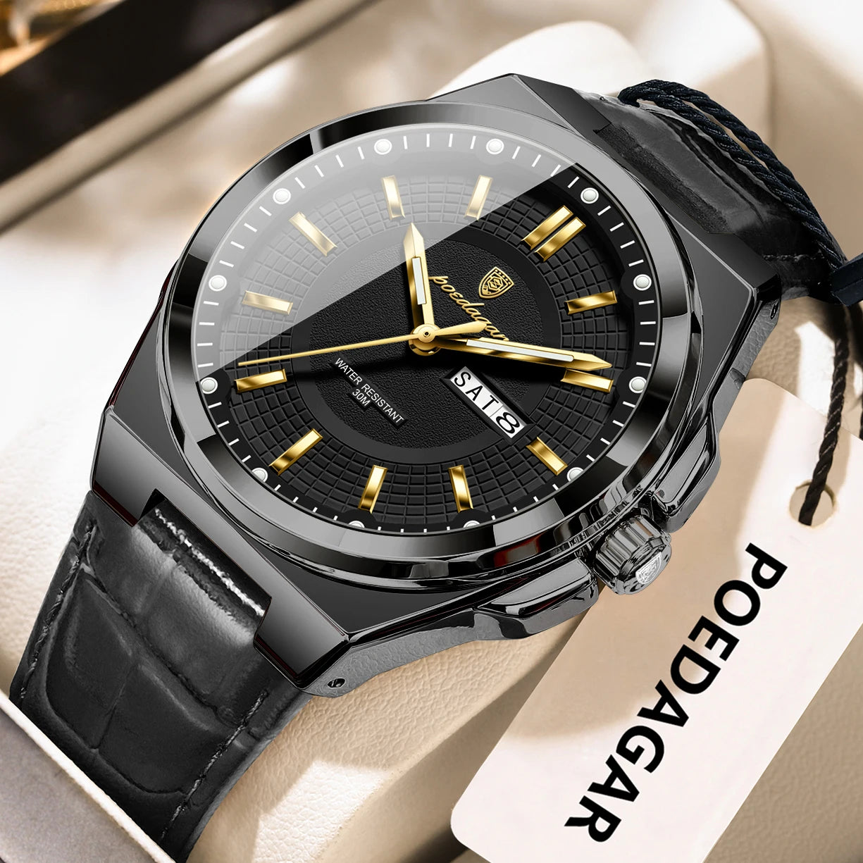 POEDAGAR Fashion Brand Man Wristwatch Waterproof Luminous Date Week Quartz Luxury Men's Watches Leather Business Men Watch Reloj