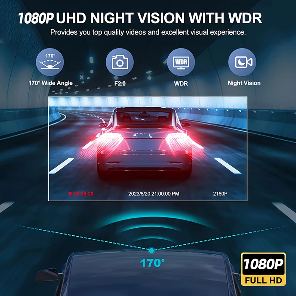 3 Channel Car Camera，Triple Lens WiFi Dashcam, 1080P HD Video Recorder, Night Vision, Car DVR with Wide Angle for Front and Rea