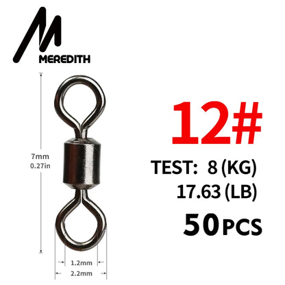 MEREDITH 50PCS/Lot Fishing Swivel Sizes Solid Connector Ball Bearing Snap Fishing Swivels Rolling Stainless Steel Beads
