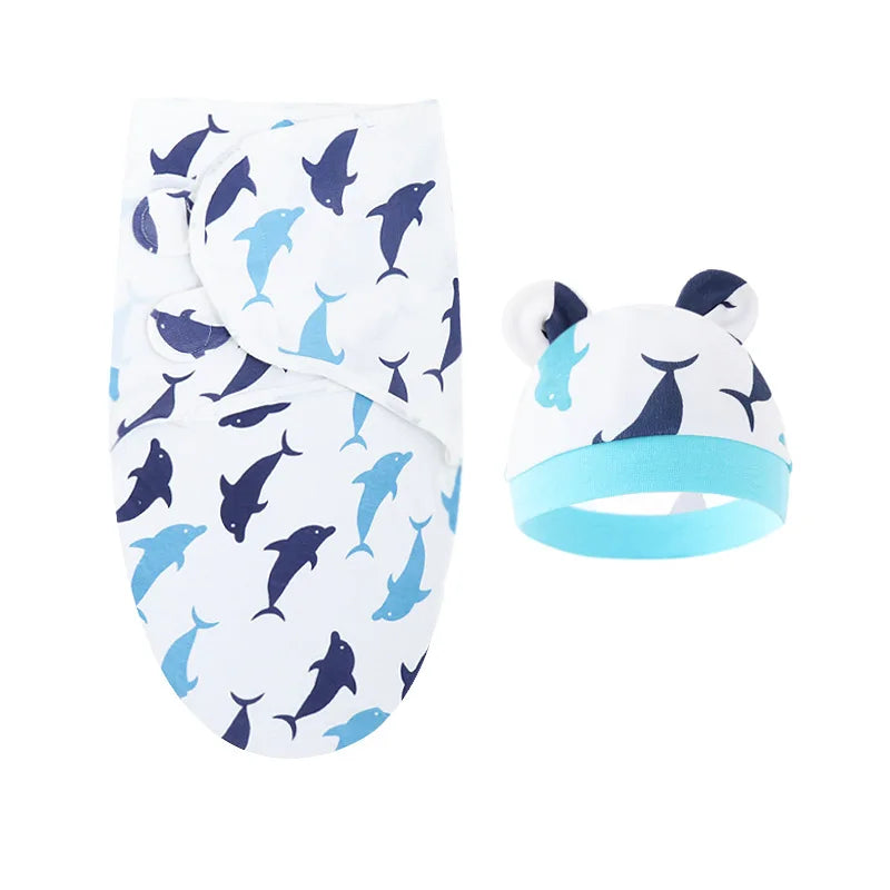 Baby Blanket Hat Set Cartoon Printed Cotton Newborn Swaddle Adjustable Infant Blankets Wraps Applicable All Seasons 0-6 Months