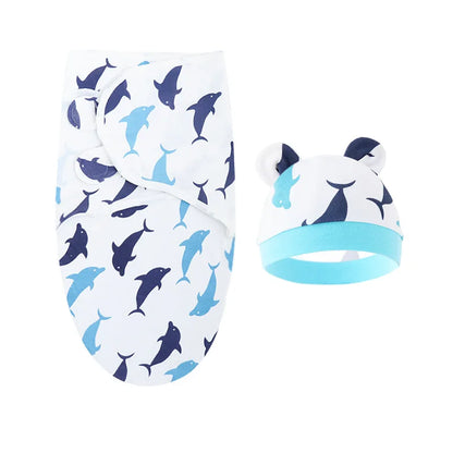 Baby Blanket Hat Set Cartoon Printed Cotton Newborn Swaddle Adjustable Infant Blankets Wraps Applicable All Seasons 0-6 Months
