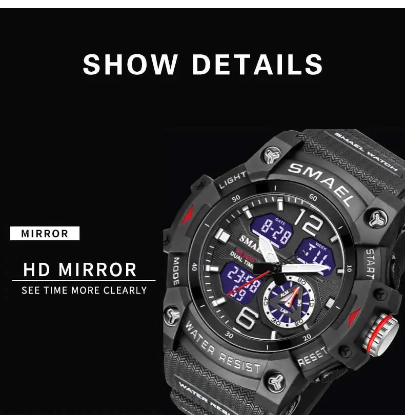 SMAEL Sport Watch Military Wristwatch for Men Alarm Stopwatch LED Digital Back Light Dual Time Display Waterproof Watch Men 8007
